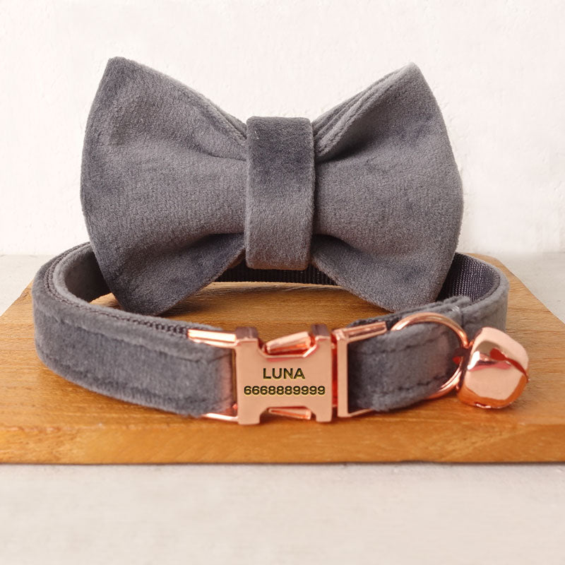 PETDURO Personalized Cat Collar Bow Tie Silver Buckle Pink Velvet