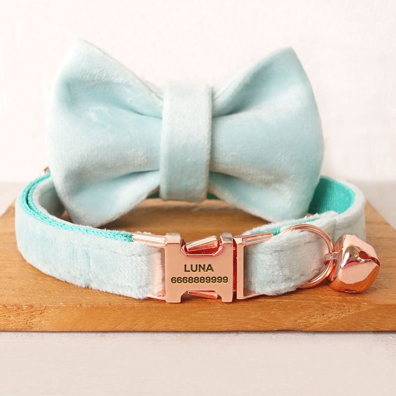 PETDURO Personalized Cat Collar Rose Gold Buckle Cute Mint Blue Velvet