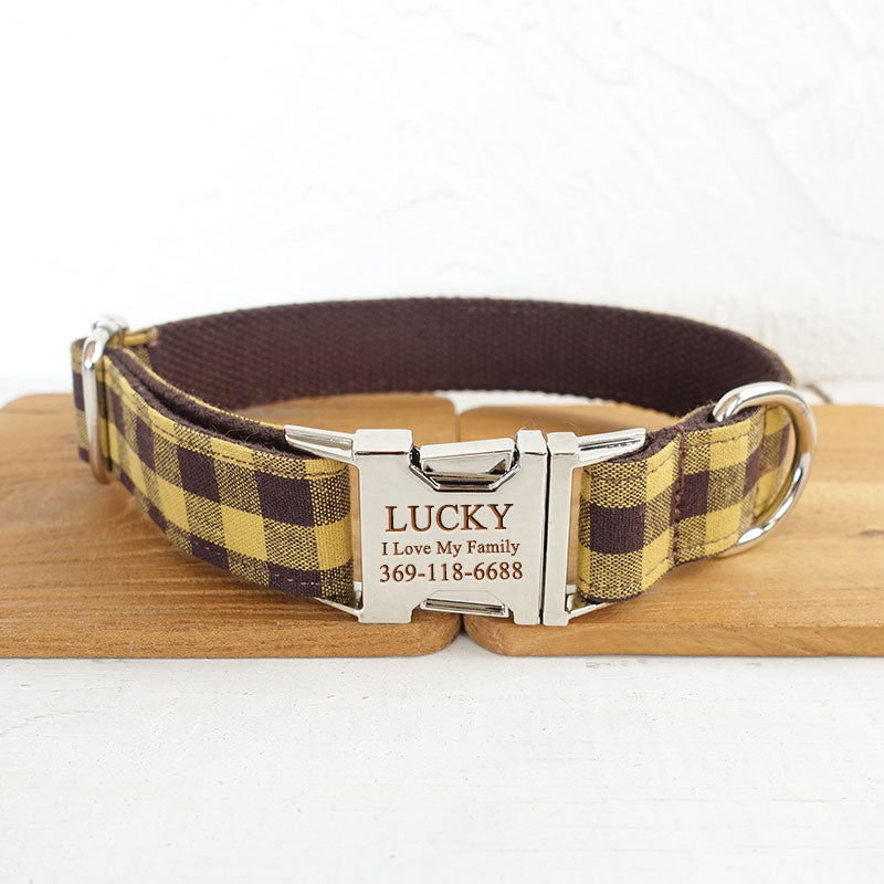 PETDURO Personalized Dog Collar Gold Buckle Cute Brown Plaid Boy Dogs