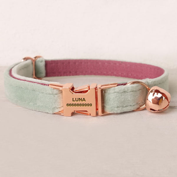 PETDURO Personalized Cat Collar Rose Gold Buckle Cute Mint Blue Velvet