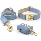 Custom Dog Collar Engraved with Leash Bow Tie Poop Bag Holder Light Blue Jean